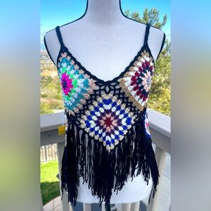 Women’s Crochet Black/Multi Fringe Top NWT
